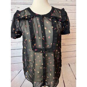 ModCloth Blouse Prairie‎ Shirt Short Sleeve Sheer Button Front Puff Sleeve Small